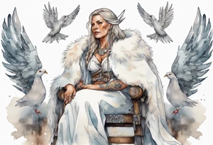 a 45-year-old Viking woman wearing a white fur cloak sitting on a throne with a dove on her shoulder tattoo idea