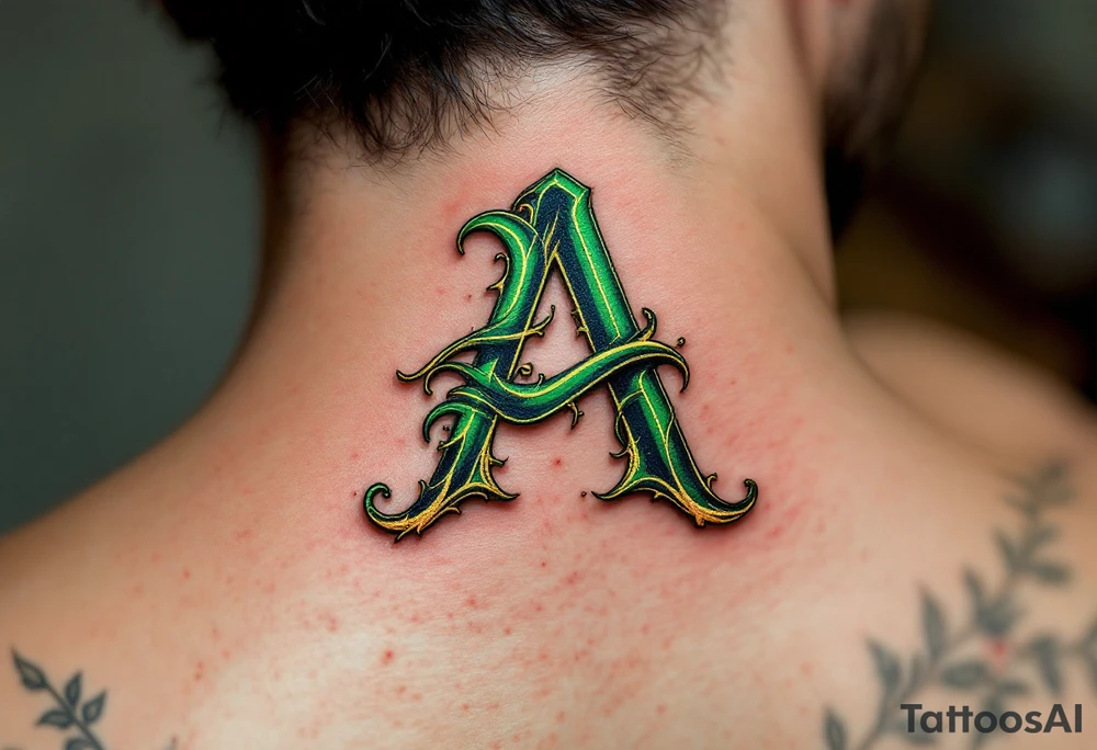 A calligraphy "A" in emerald green with fine golden flourishes. tattoo idea