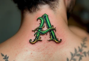 A calligraphy "A" in emerald green with fine golden flourishes. tattoo idea