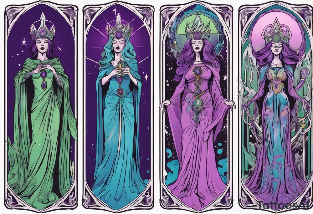 high priestess tarot card purple green blue pink tattoo idea