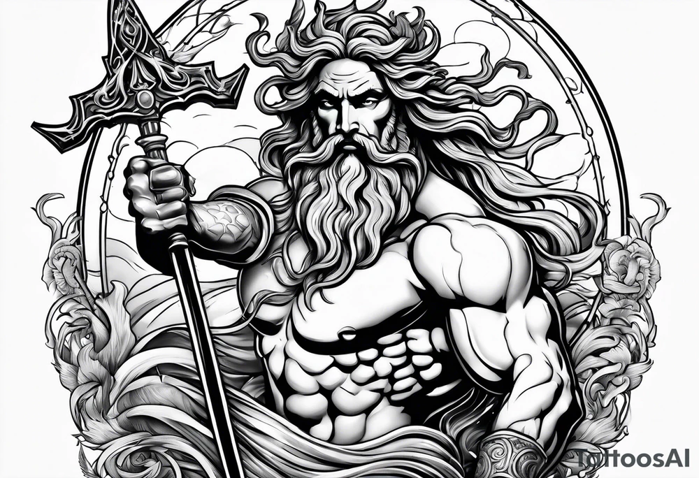 An image of Poseidon holding his trident battling with Medusa tattoo idea