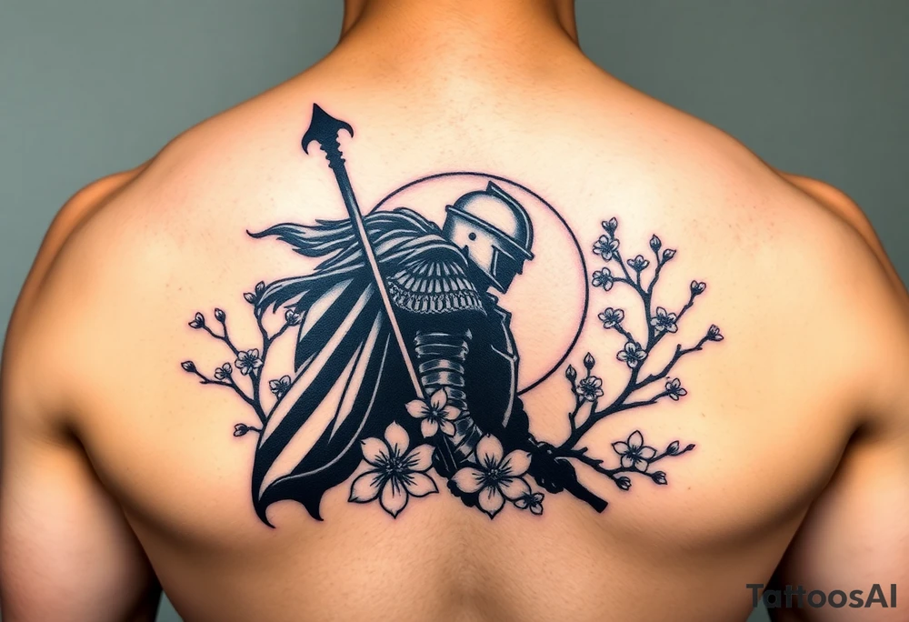 noble knight silhouette at sunset with cherry blossoms tattoo idea