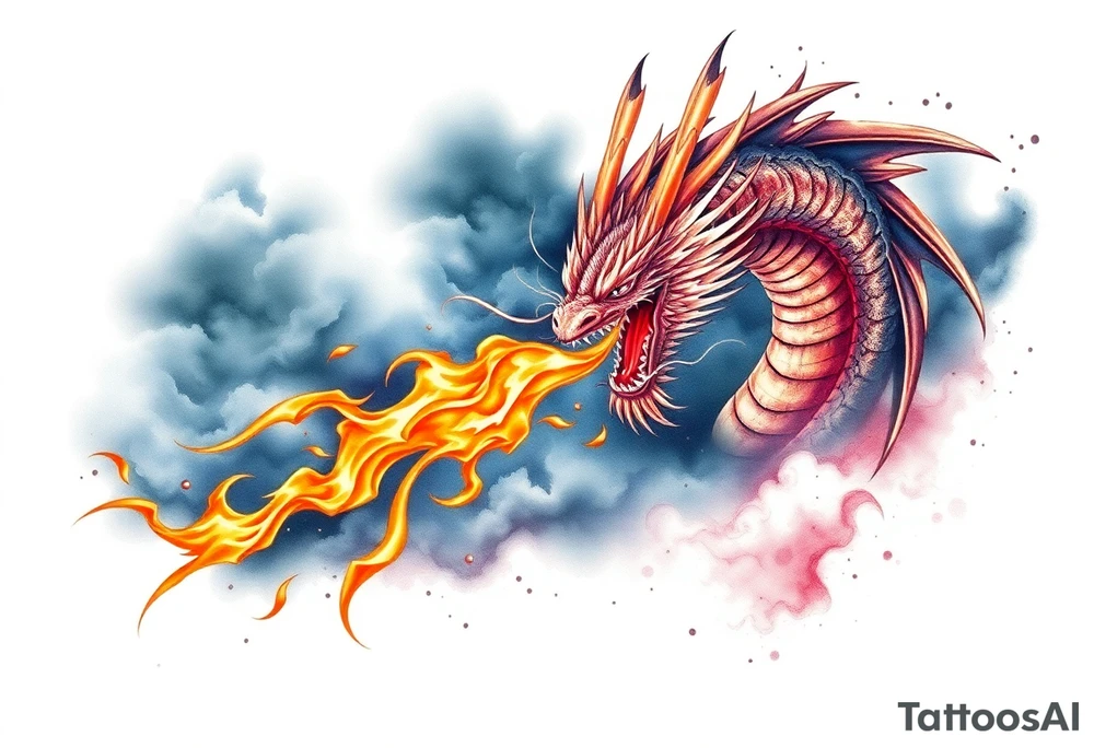 fierce dragon breathing iridescent fire against stormy skies tattoo idea