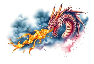 fierce dragon breathing iridescent fire against stormy skies tattoo idea