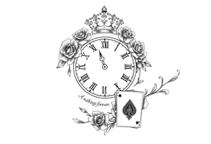 Roman clock with roses and a crown,  a quote that says nothings forever. and on the bottom a deck of cards tattoo idea