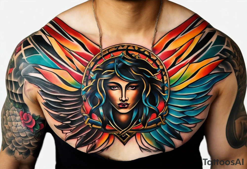 Wide tattoo that appears to be bursting out of the skin, symbolizing freedom. The tattoo should be vibrant and dynamic, with bold lines and colors that evoke a sense of liberation and empowerment. Consider incorporating elements such as broken chains, or other symbols of freedom. The tattoo should be visually striking and thought-provoking, inviting the viewer to reflect on the importance of personal freedom. tattoo idea