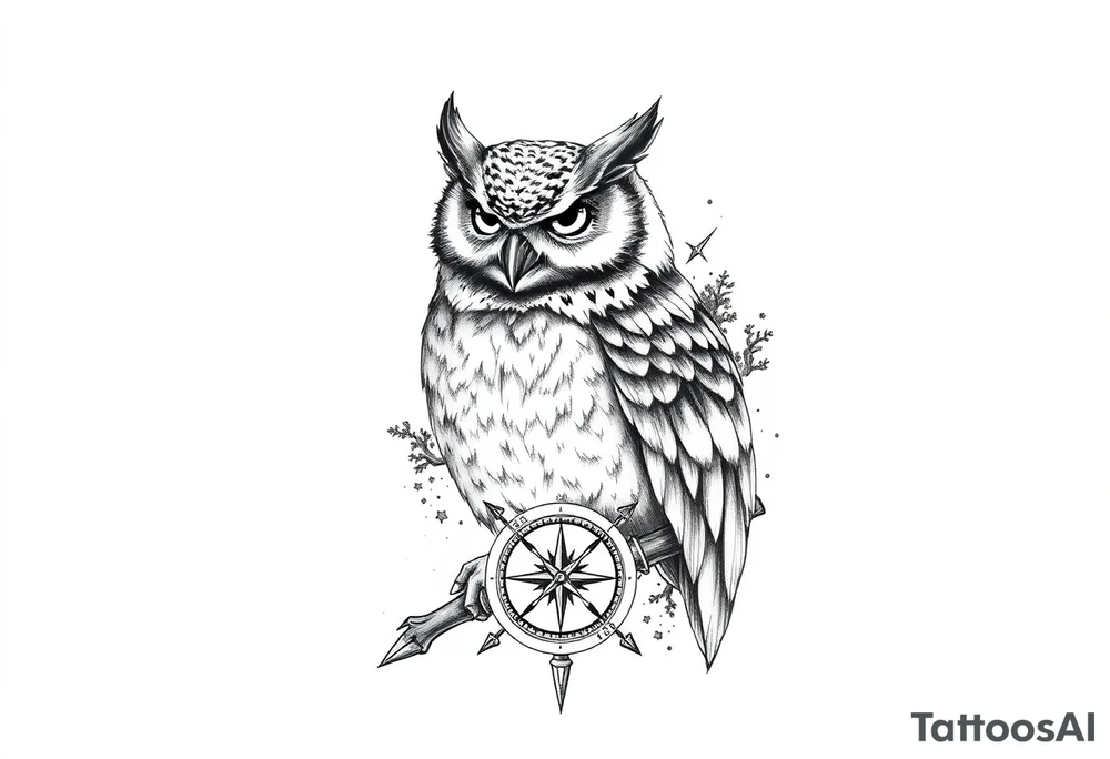 an owl,a compass,landscape. tattoo idea