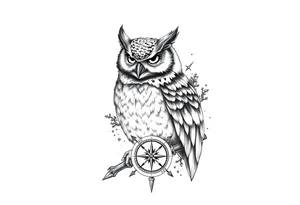 an owl,a compass,landscape. tattoo idea