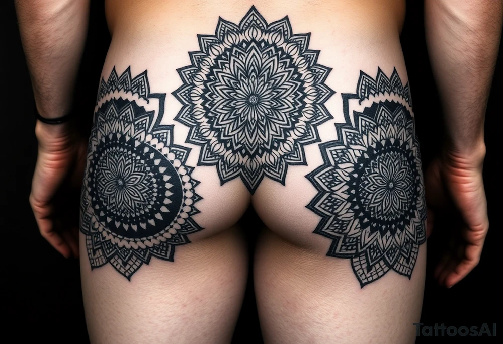 Blackwork geometric tattoo on male lower body, both thighs fully 
covered, buttocks and lower back, large central mandala on lower back 
flowing into glutes, double spiral motif on each buttock cheek, 
spiral black bands wrapping diagonally around thighs, alternating 
fill patterns per zone: dotwork floral geometry on outer thigh, 
hexagonal star patterns on inner thigh, massive black background 
areas, fine ornamental cutouts, seamless full coverage with no gaps, 
pure black ink, no grey wash, photorealistic tattoo photography, 
dark background tattoo idea