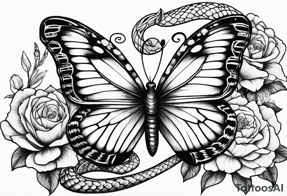 Butterflies with flowers & snake tattoo idea