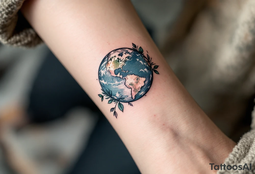 A microrealism Earth tattoo shaded with marine blue and mossy green nestles in the crook of the elbow. tattoo idea