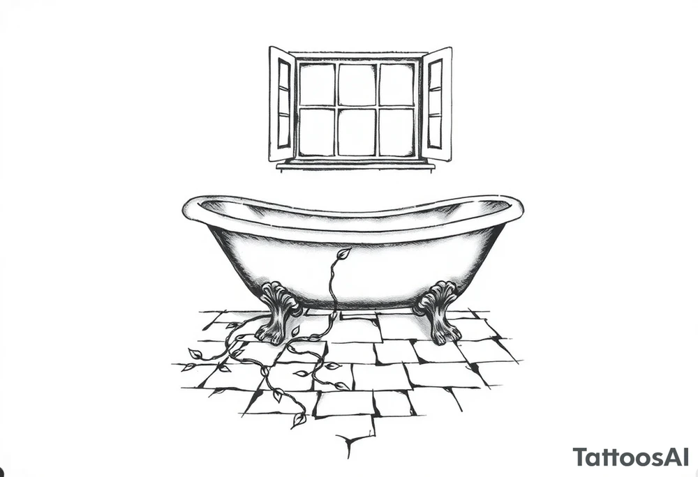 clawfoot bathtub with window above it. add a tile floor with a vine growing through the cracks tattoo idea