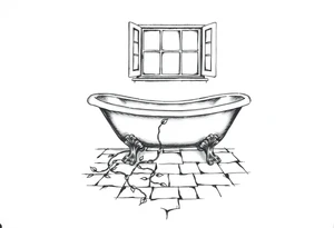 clawfoot bathtub with window above it. add a tile floor with a vine growing through the cracks tattoo idea