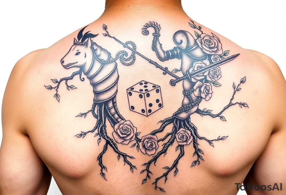 knight and squid intertwined with climbing roses and tree roots with cherry blossoms rolling dice tattoo idea