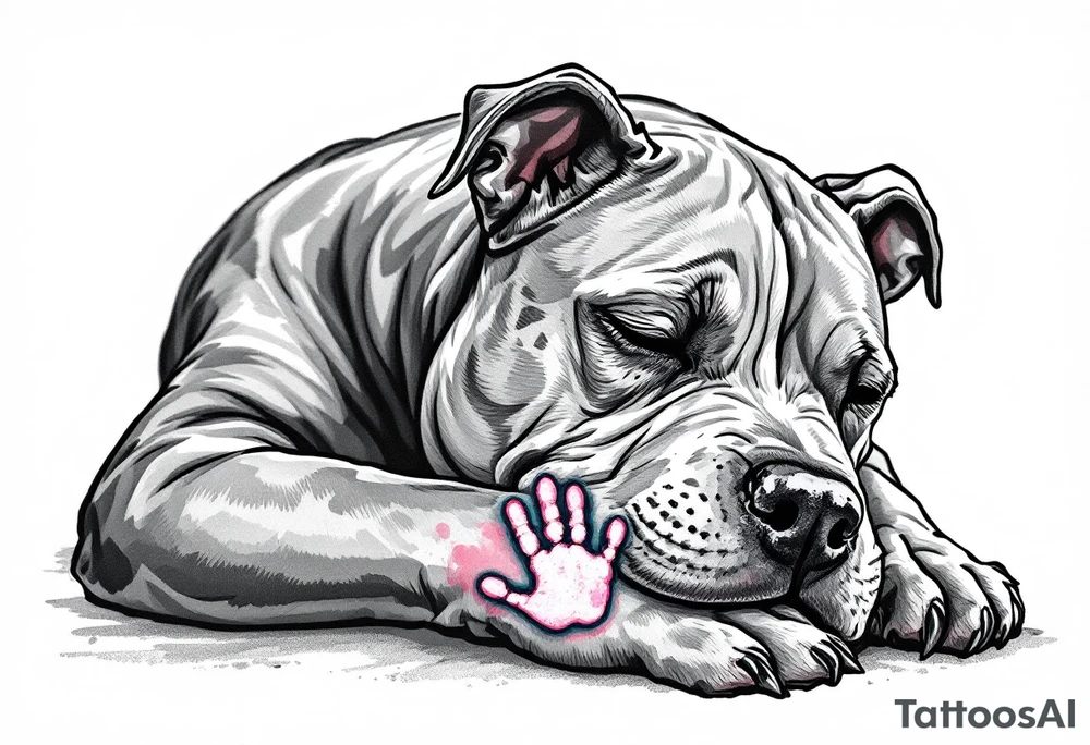 Staffbull with Child's Handprint
A peaceful Staffbull lying down with a small, colorful child’s handprint on its back or paw. Symbol of family and loyalty, done in grayscale with the handprint in soft watercolor tones (blue, pink, yellow). tattoo idea