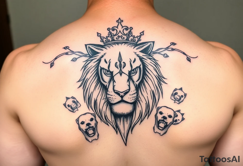 powerful majestic lioness with a crown, surrounded by cub prints tattoo idea