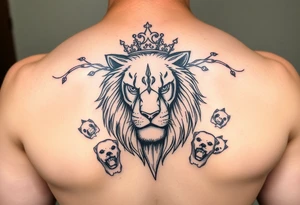 powerful majestic lioness with a crown, surrounded by cub prints tattoo idea