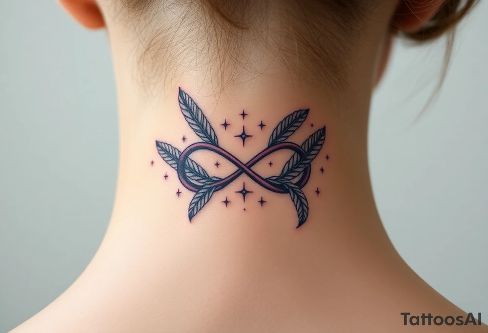infinity symbol woven with floating feathers and stardust tattoo idea