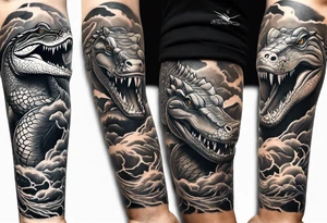 Arm sleeve with alligators and  pythons lightning tattoo idea