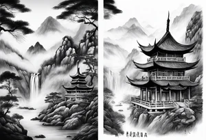 forearm sleeve traditional chinese art painting Chinese temple buddha wearing robes and drinking tea mountains mist fog waterfall tattoo idea