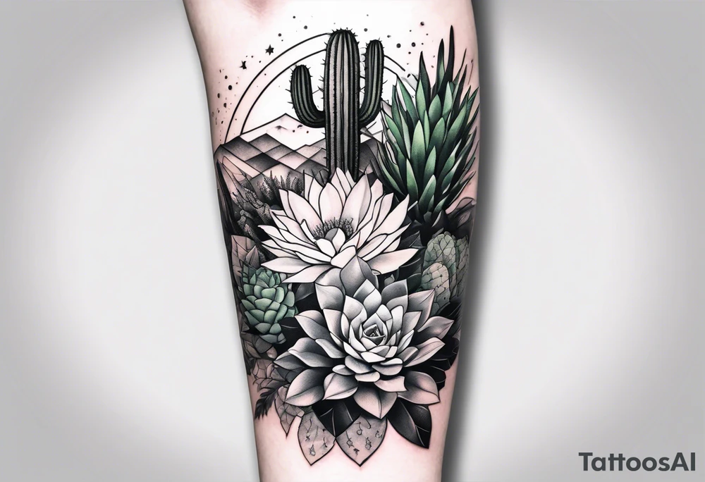 Forearm sleeve with cactus and greenery tattoo idea