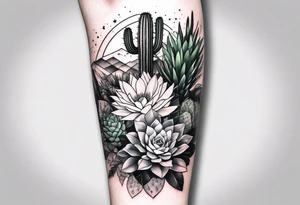 Forearm sleeve with cactus and greenery tattoo idea