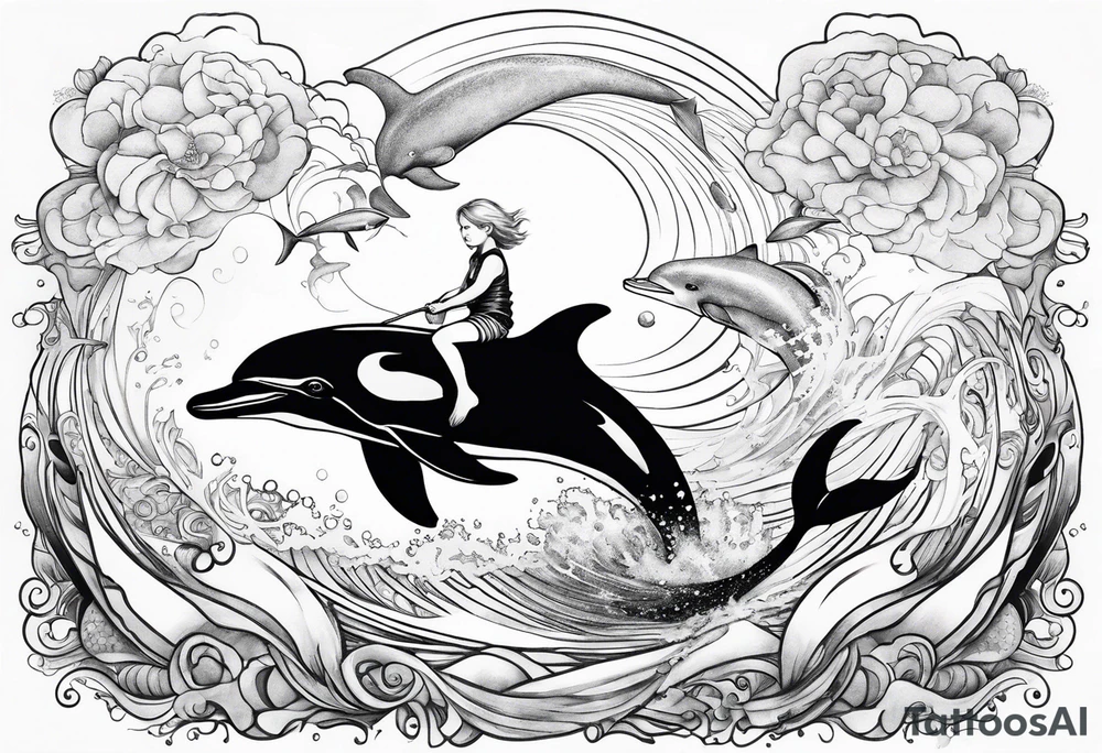Young boy riding a dolphin in ocean with blond mermaid tattoo idea