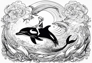 Young boy riding a dolphin in ocean with blond mermaid tattoo idea