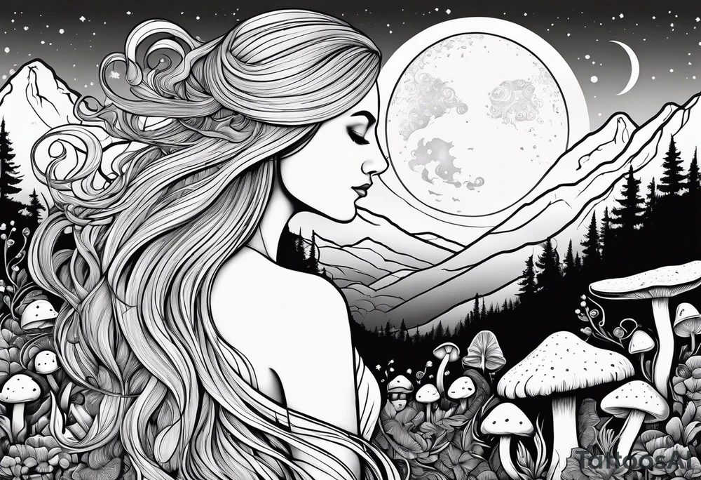 Blonde long straight hair older woman no makeup surrounded by mushrooms facing away mountains crescent moon background tattoo idea