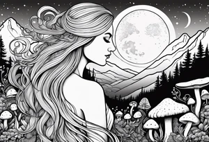 Blonde long straight hair older woman no makeup surrounded by mushrooms facing away mountains crescent moon background tattoo idea