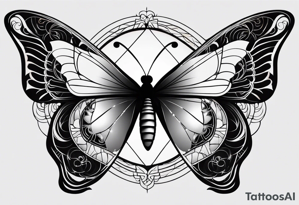 A minimalist black and white butterfly, symmetrical design with the sun subtly incorporated into one wing and the moon in the other, fire and water elegantly woven into opposite wings, and air and earth elements mirrored in the remaining wings. The overall design is simple, feminine, and balanced, with all elements symmetrically integrated. tattoo idea