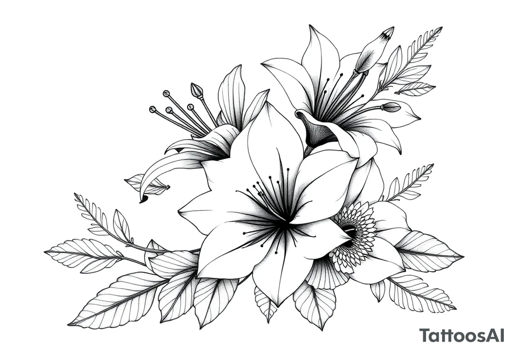 floral composition for sleeve of lycoris flowers with japanese vibe, mutiple ornemental patern and leaf, dot geometric ornement, tattoo idea