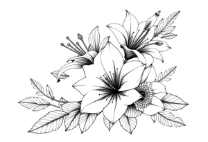 floral composition for sleeve of lycoris flowers with japanese vibe, mutiple ornemental patern and leaf, dot geometric ornement, tattoo idea