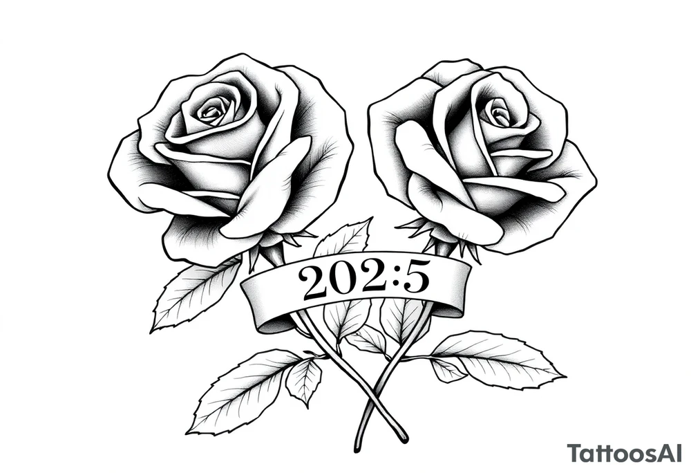 two beautiful large rose buds, one larger than the other, with many leaves next to the rose buds, with one sitting higher than the other. Include a banner connecting the two roses with the year "2025" on it.   Use dark outlines with little shading. The two stems should be short, not long, and connect and join into one stem, whimsically curved or twisted - not straight down. tattoo idea