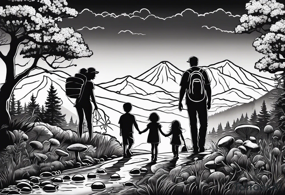 Family silhouette of a father, a mother, oldest son, middle daughter, and small daughter foraging mushrooms with mountains and creek in background tattoo idea