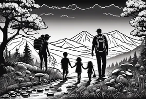 Family silhouette of a father, a mother, oldest son, middle daughter, and small daughter foraging mushrooms with mountains and creek in background tattoo idea