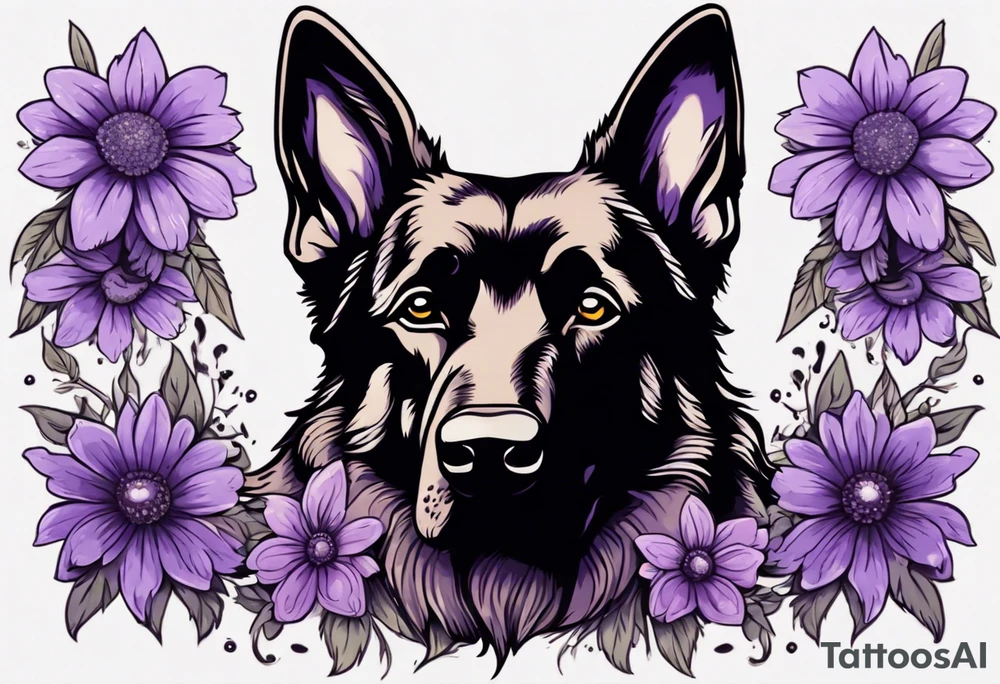 Dark Brown German shepherd portrait surrounded by purple daisies tattoo idea