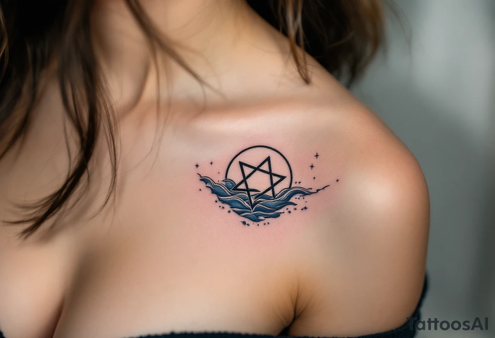 A pentagram submerged in dark water, with tiny waves and blue accents tattoo idea