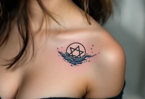 A pentagram submerged in dark water, with tiny waves and blue accents tattoo idea