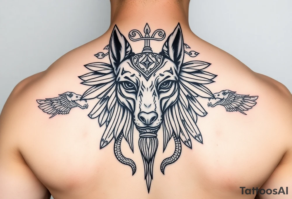 Egyptian Anubis god face muscle in Egypt style dog face surrounded Egyptian symbols and snakes tattoo idea