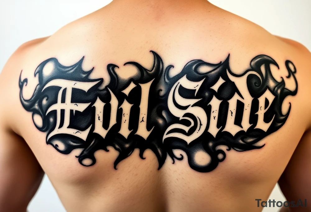 powerful bold cover up saying Evil Side black and with shading and dark smoke around it gangsta writing old english tattoo idea