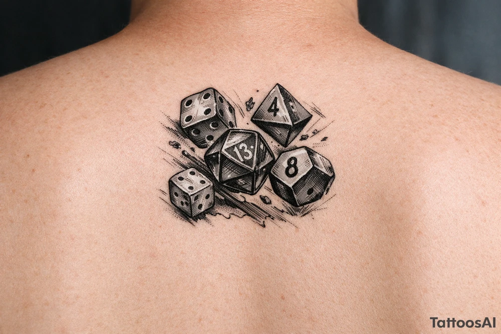 Five colorful dice tumbling mid-air, realistic style. tattoo idea