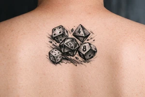 Five colorful dice tumbling mid-air, realistic style. tattoo idea