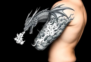 fierce dragon breathing iridescent fire against stormy skies tattoo idea