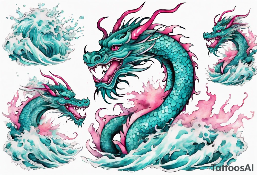 a gentle turquoise and pink luck dragon emerging from the stormy sea tattoo idea