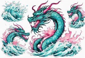 a gentle turquoise and pink luck dragon emerging from the stormy sea tattoo idea