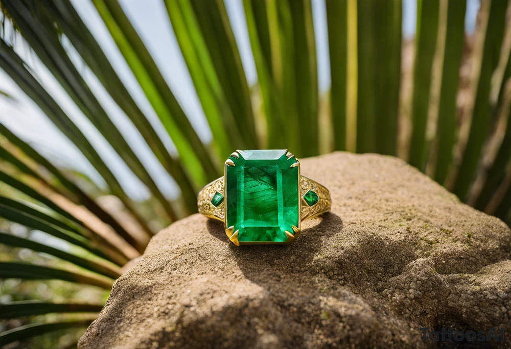 A striking Gachala emerald sits at the base of a tall quindio wax palm, which grows resiliently from cracks in rugged, rocky soil. The emerald is the main focal point, symbolizing strength and endurance, while the wax palm, rooted in the soil’s crevices, represents growth and resilience. A small water stream flows gently from the rocks, adding an element of life and nourishment. tattoo idea