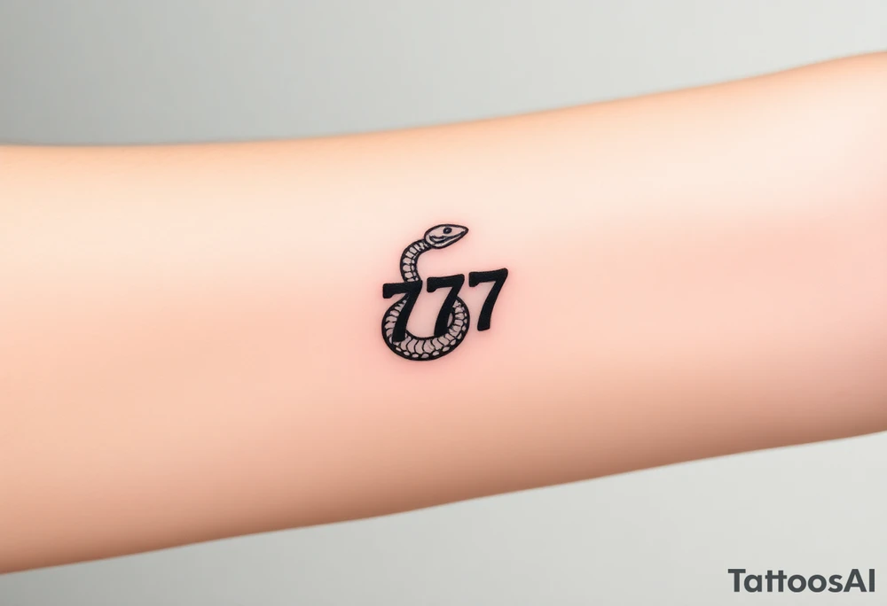 Minimalist black ink tattoo design of a small snake coiled around the number 777. tattoo idea