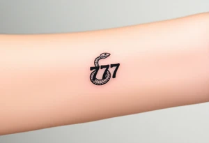 Minimalist black ink tattoo design of a small snake coiled around the number 777. tattoo idea