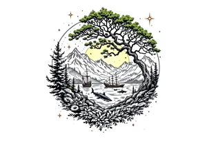 tattoo that has an acacia tree with forest mountains, ocean with a ship wreck with sharks and the bright northern star tattoo idea